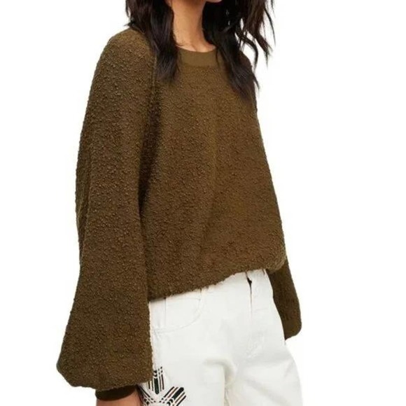 Free People Sweaters - Free People Olive Textured Found My Friend Oversized Cotton Pullover Sweatshirt